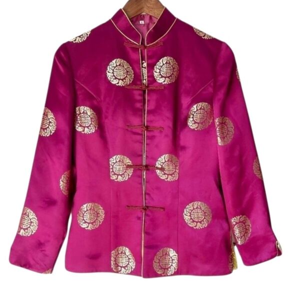 Chinese Tang Cheongsam Magenta Gold Jacket Frog Buttons Mandarin Collar Sz M - Picture 10 of 15